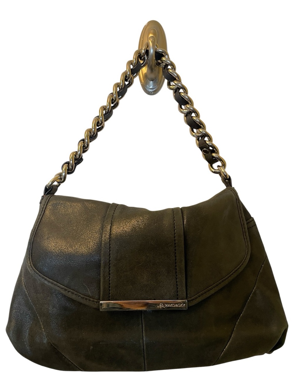 B. Makowsky Black Shimmer Shoulder Bag – Braided Chain Strap, Crossbody Option
